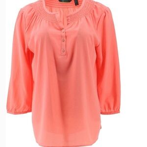 C Wonder Caroline Split Button Neck Blouse Smocking